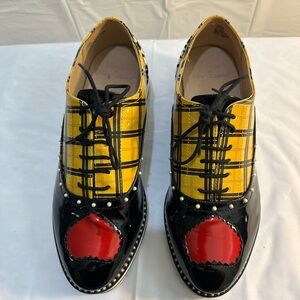 Betsey Johnson Yellow and Black Plaid Flats with Red Accents